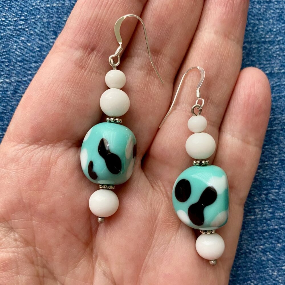 Handcrafted Japanese Turquoise Abstract Glass Bead Earrings
